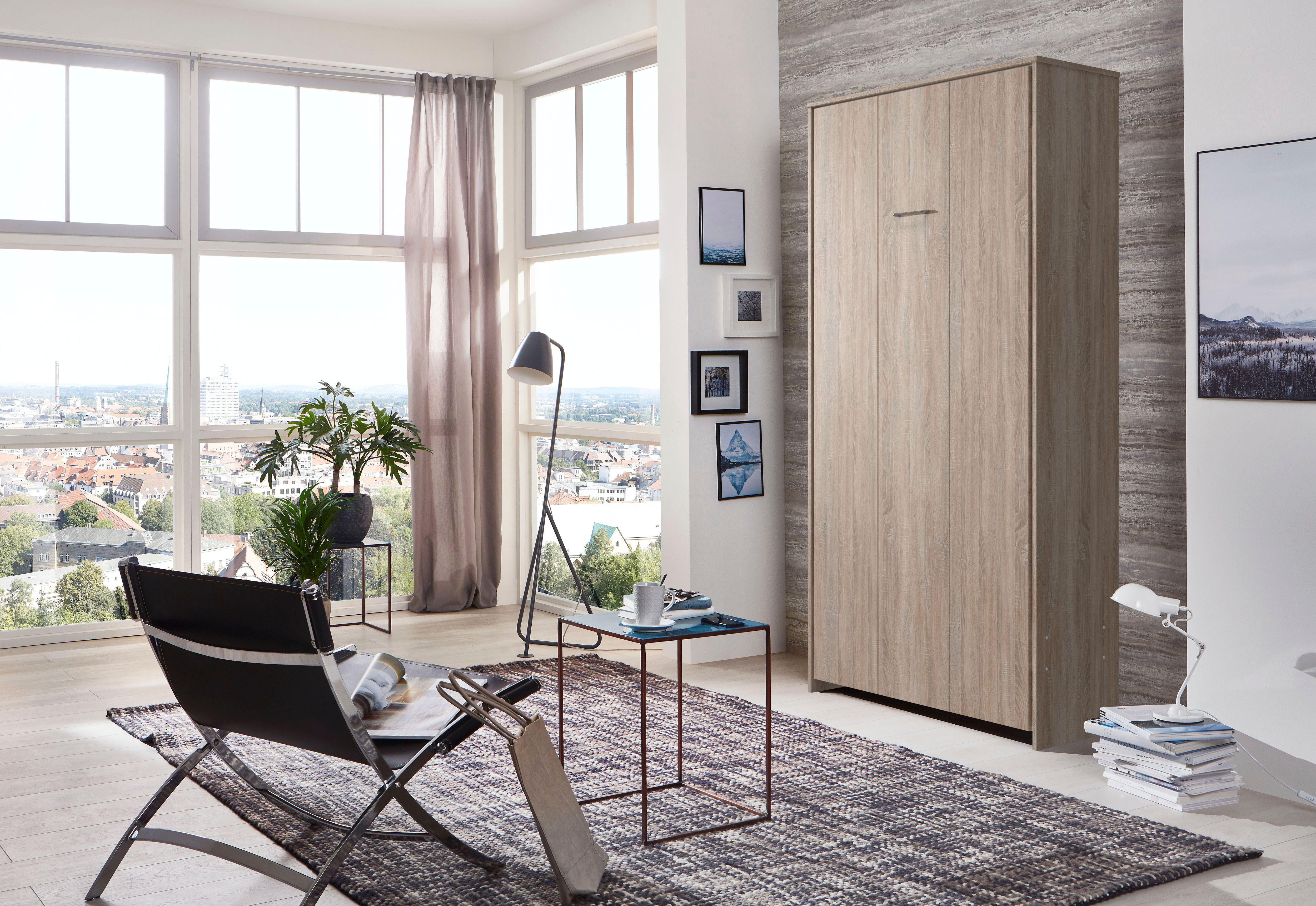 Schrankbett WIMEX "Juist Schrankklappbett Gästebett", braun (eiche sägerau nachbildung), H:213cm, Schrankbetten, Schrankbett, vertikal klappbar, 3 Liegeflächen, mit Lattenrost, Made in Germany eiche sägerau nachbildung vertikal klappbar Lattenrost, B/L: 9