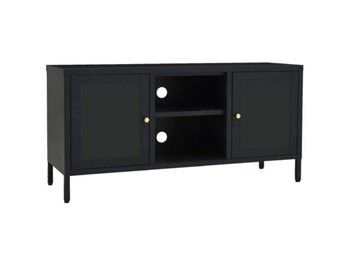 Roanoer TV-Lowboard Schwarz 105x35x52 cm Metall TV-Schrank Robustes TV-Möbel aus Stahl mit Glastüren, höhenverstellbarem Einlegeboden und Standfüßen für das Wohnzimmer.
