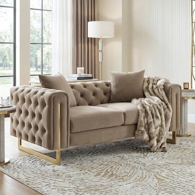 Furniture of America Velva Modern Warm Mink Brown Plush Velvet Button Tufted Loveseat with Accent Pillows