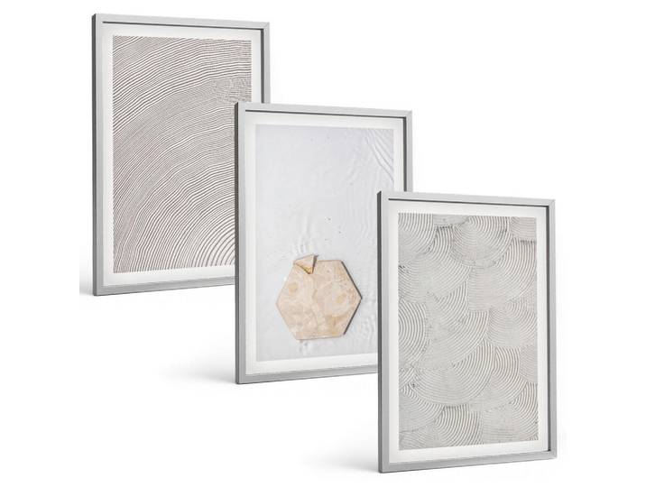 Tulup Bilder SET 3er Set - 40x60 cm Silberner Rahmen - Leichte Boho-Sandtexturen, Silberfarben, Kunststoff, Rechteckig, 40x60 cm, gerahmt, Bilder & Rahmen, Bilder