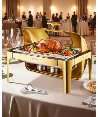 VEVOR Roll Top Chafing Dish Buffet Complete Set, 9Qt Stainless Steel Chafer with Full Size Pan, Rectangle Catering Warmer Server