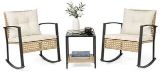 Costway 3-Piece Rattan Wicker Patio Conversation Set for Porch Balcony Garden Backyard-White