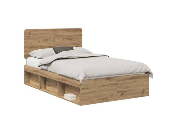 HMDNGOUT Bettrahmen mit Kopfteil Kunsthandwerk Eiche 120 x 190 cm, Stabiler Holzwerkstoffrahmen, feststehender Lattenrost aus Holzwerkstoff, Kopfteil aus massivem Kiefernholz, pflegeleicht