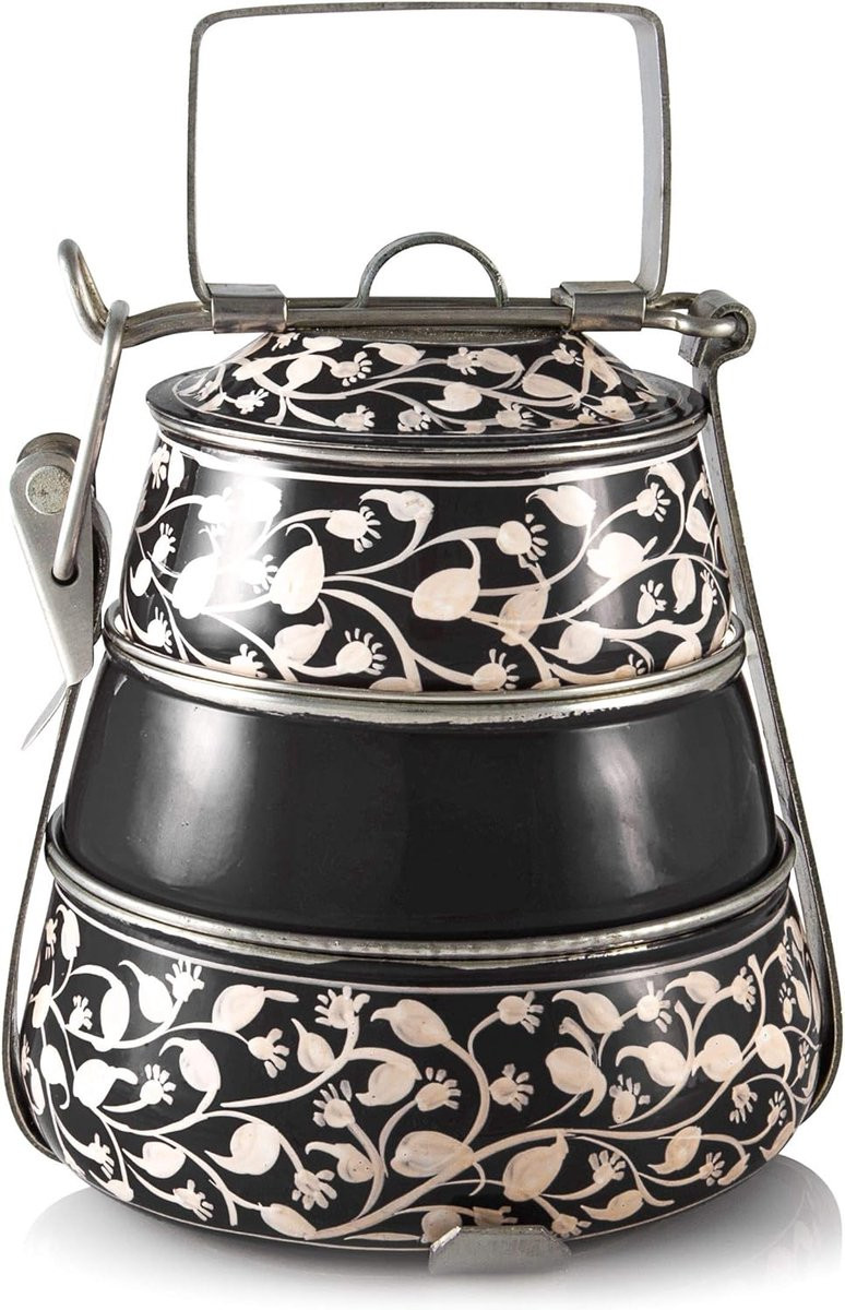 Tiffin Voedseldrager Lunchtrommel Stapelbaar Handbeschilderd Decoratief Zwart