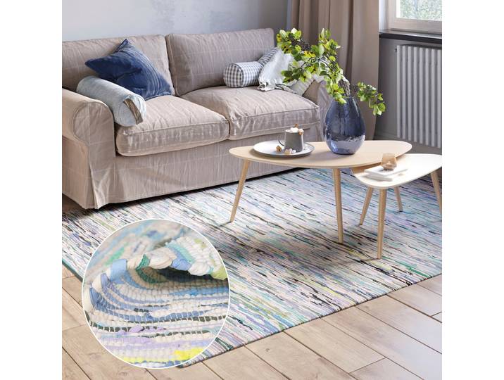 Teppich Ameer , bunt (blau, grün mix), B:60cm H:10mm L:110cm, Baumwolle, Polyester, MYFLAIR MÖBEL & ACCESSOIRES, Teppiche, Teppich, Handweb Teppich, 90% Baumwolle, handgewebt, Scandi