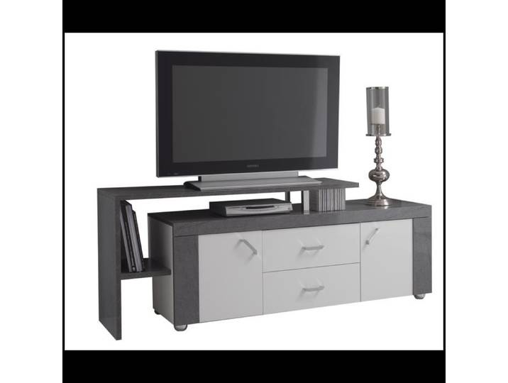 LUNA - Meuble TV Gris avec plateau 2 Portes 2 Tiroir