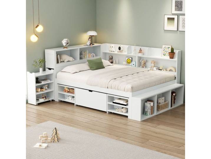 Lit enfant lit simple 140×200 cm berceau multifonctionnel avec tiroirs et bibliothèque grand espace de rangement blanc