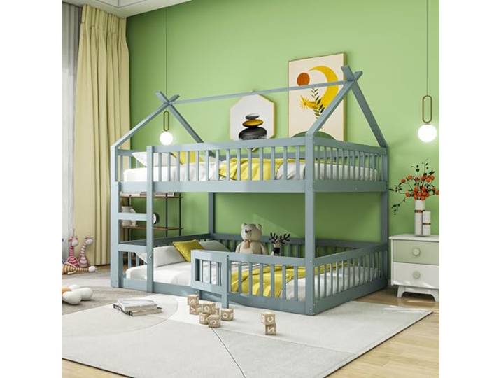 Etagenbett 140x200, Kinderbett Hochbett für 4 Kinder, Hausbett mit Treppe und Tür, Kinderhochbett mit Rausfallschutz und Lattenrost, Bettgestell Stockbett Familienbett Loft Bett(Grau, 140×200cm)