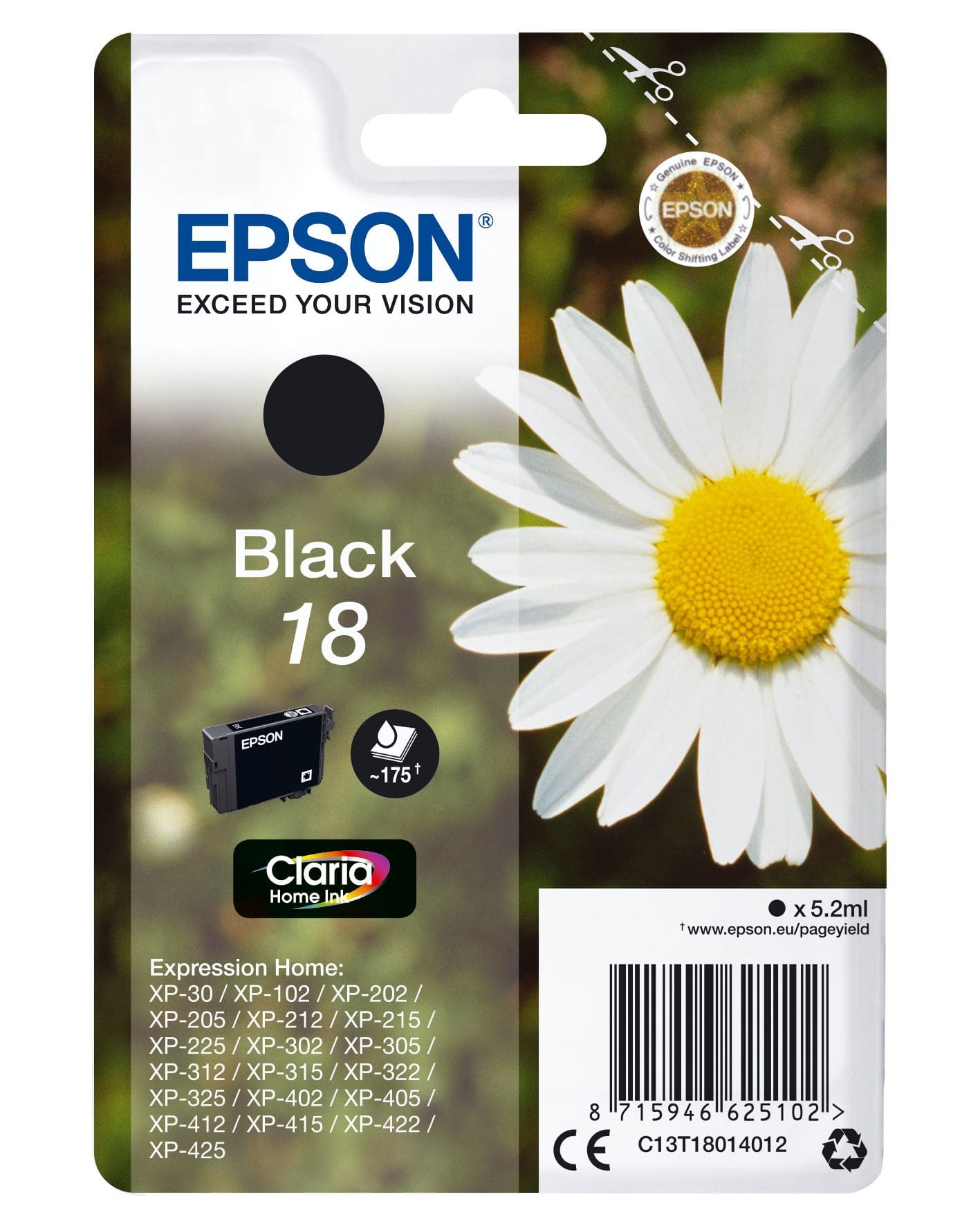Epson 18 C13T18014012 originale Schwarz 5,2 ml 175 Seiten