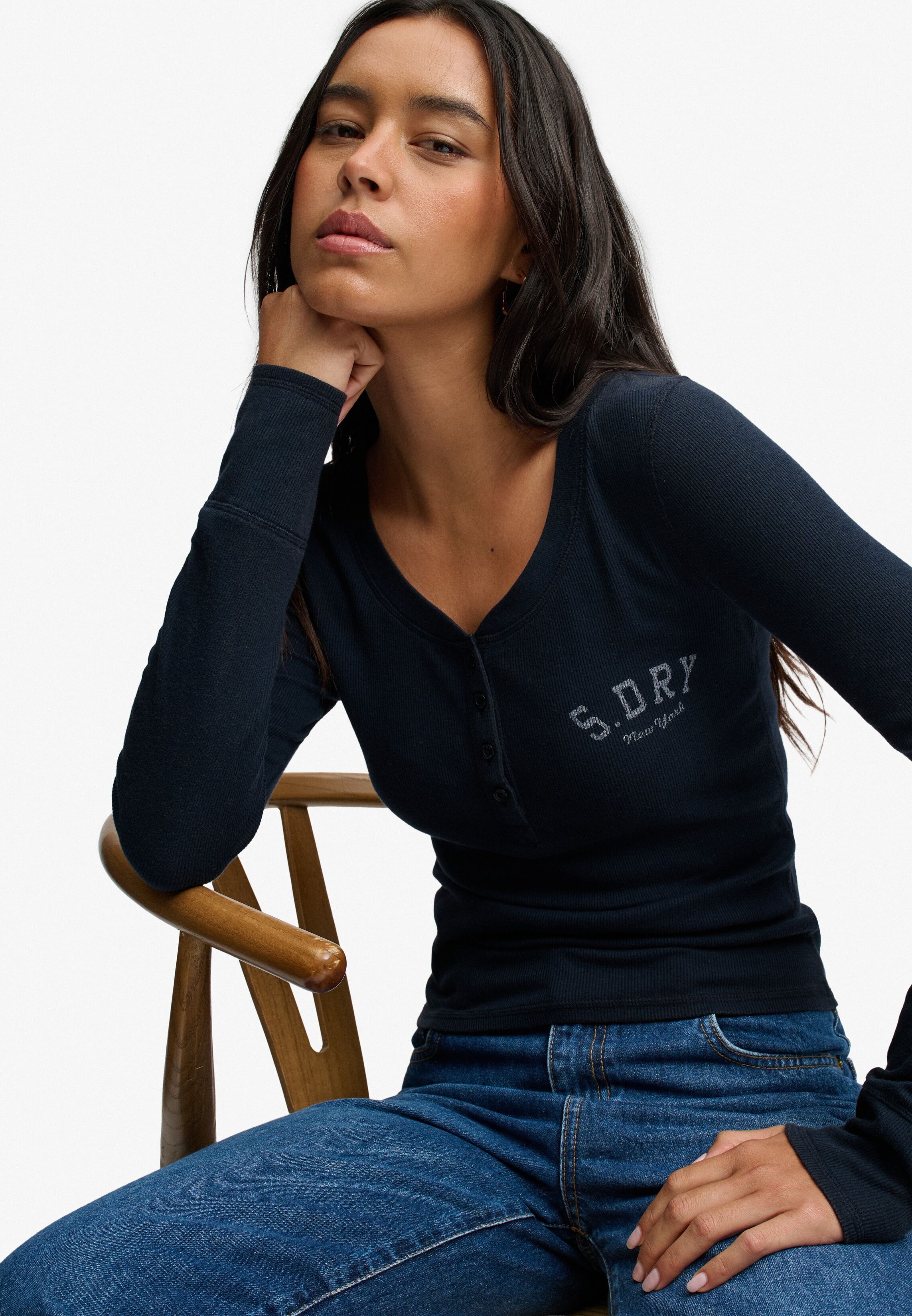 Henleyshirt SUPERDRY "ATHLETIC BUTTON DOWN LS TOP", Damen, Gr. XL, blau (eclipse navy), Single Jersey, Obermaterial: 57% Baumwolle, 39% Polyester, 4% Elasthan, unifarben, skinny fit normal, Rundhals, Shirts Henleyshirt, Baumwollmischung, skinny fit eclips
