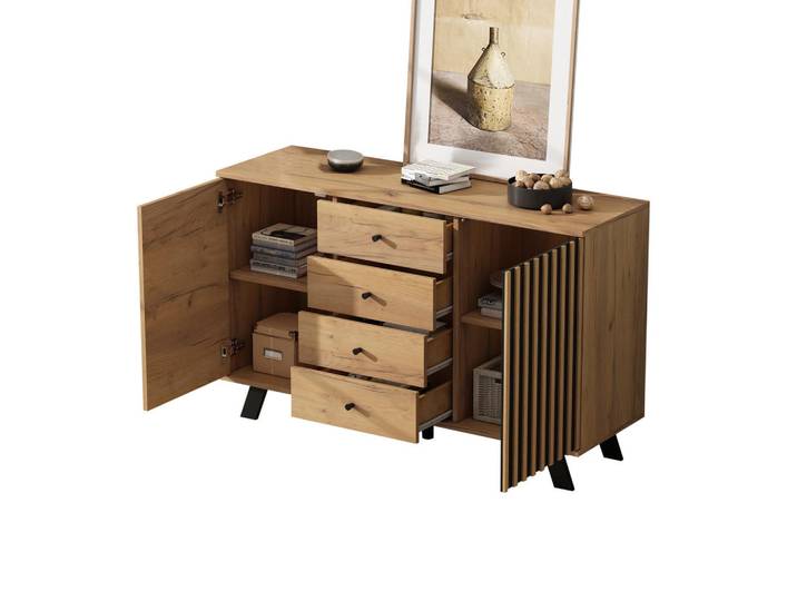 Evryae Sideboard Sideboard mit 4 Schubladen und 2 Türen, Stauraum 120x38x75cm, Holzoptik MDF Schwarz, Naturfarben, Rechteckig,Rechteckig, konisch, 120x75x38 cm, Kleinmöbel, Kommoden, Sideboards