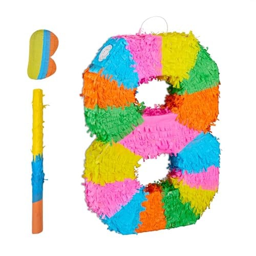 Relaxdays Piñata Cijfer 8 met stok en blinddoek, regenboogkleuren