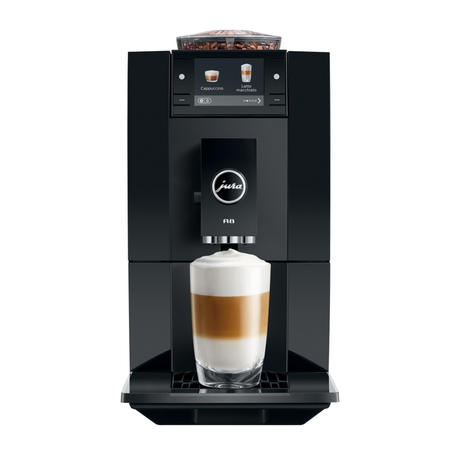 JURA A8 Piano Black (EA) Kaffeevollautomat - 18 Kaffeespezialitäten, P.A.G.3 Mahlwerk, 2,8"-Farbdisplay, 19 cm schmal