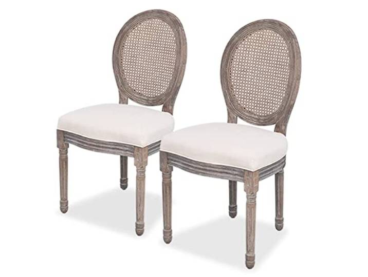 2 Stück Esszimmerstühle Creme Leinen mit Rattan-Rückenlehne Holzbeine Leinenbezug, Rattan-Rückenlehne, Holzrahmen, 110 kg Belastbarkeit, für Esszimmer und Wohnzimmer