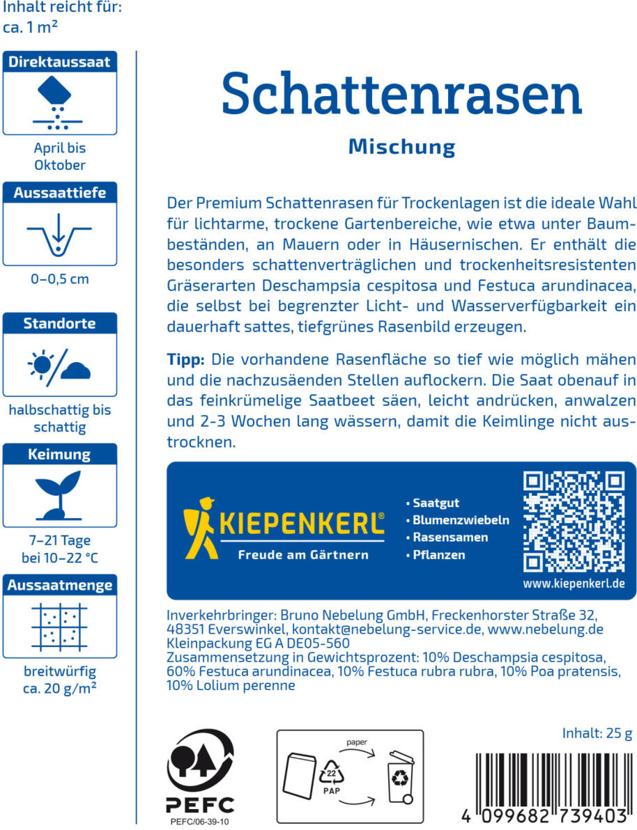 Kiepenkerl Profi-Line Saatgut Schattenrasen Premium trocken 25 g für ca. 1 m²
