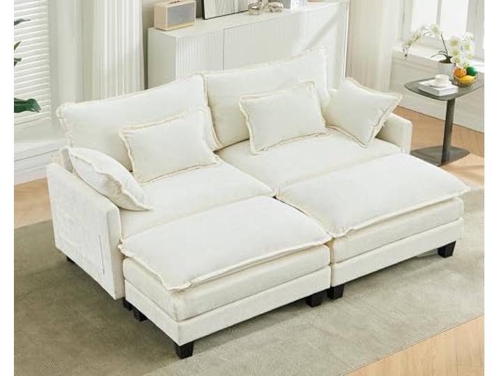 SITURAY Doppellagige Ecksofa Modulares Sofa, Wohnlandschaft L-Form Cloud Couch mit Ottomane, Chenillestoff Eckcouch Corner Sofa mit Schlaffunktion für Wohnzimmer Schlafzimmer (Beige, 2 Sitzer)