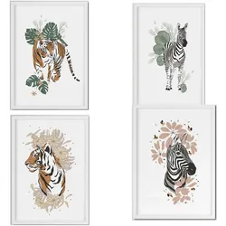 POSTER Set mit 4 Tiger ZebraKlinge, Blumen und Pflanzen aus dem Dschungel A3 Schwarzer Rahmen