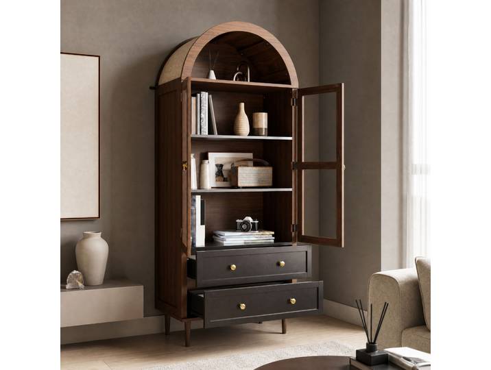 Buffet Vitré Rétro 70x38x168 Cm\, Étagères Réglables\, Noyer\, Mdf Et Verre\, Floragrace