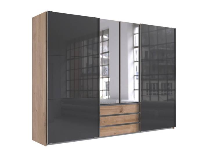 Wimex MagicGlas Dreh-/Schwebetürenschrank mit Glasfronten - Glas grey, Plankeneiche Nachbildung, Spiegelglas - 216 Modern, Zeitlos