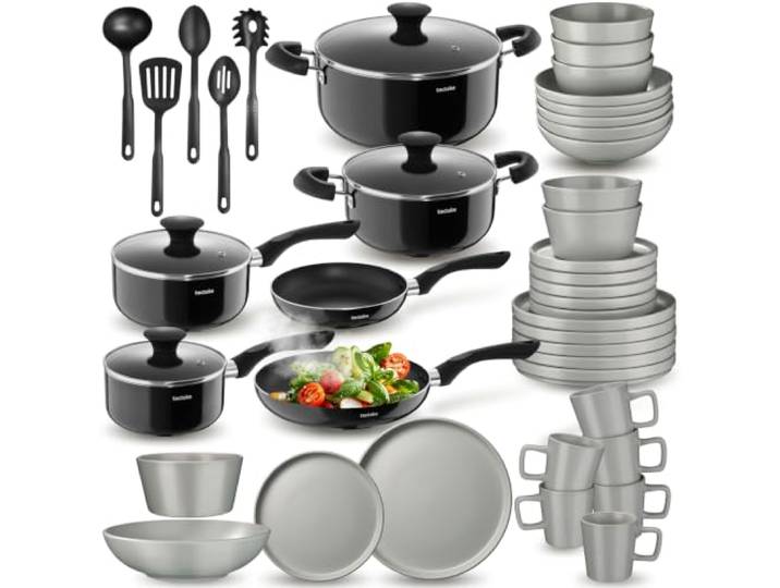 tectake® Küchenstarterset 6 Personen, Steingut Geschirr Set, Teller, 4 Töpfe 2 Pfannen rostfreies Aluminium, Kochtopf Set, Töpfe Set, kratzfest, inkl. 5 Küchenwerkzeuge - grau/schwarz, 45-tlg