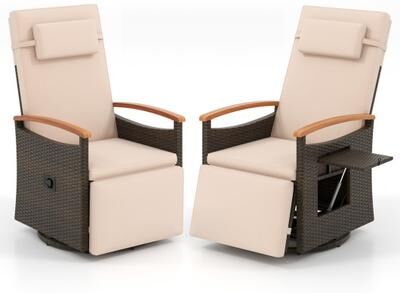 Costway Set of 2 Patio Rattan 360° Swivel Recliner Chair with Adjustable Backrest and Footrest-Beige