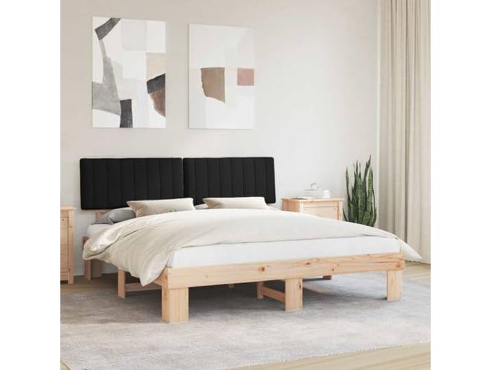 Kiefernholz gepolstertes Kopfteil modernes Design 180x200 cm Schwarz Bettgestell mit gepolstertem Kopfteil Schwarz 180x200 Kiefernholz Massiv Bettrahmen mit Polster Kopfteil Modernes Design
