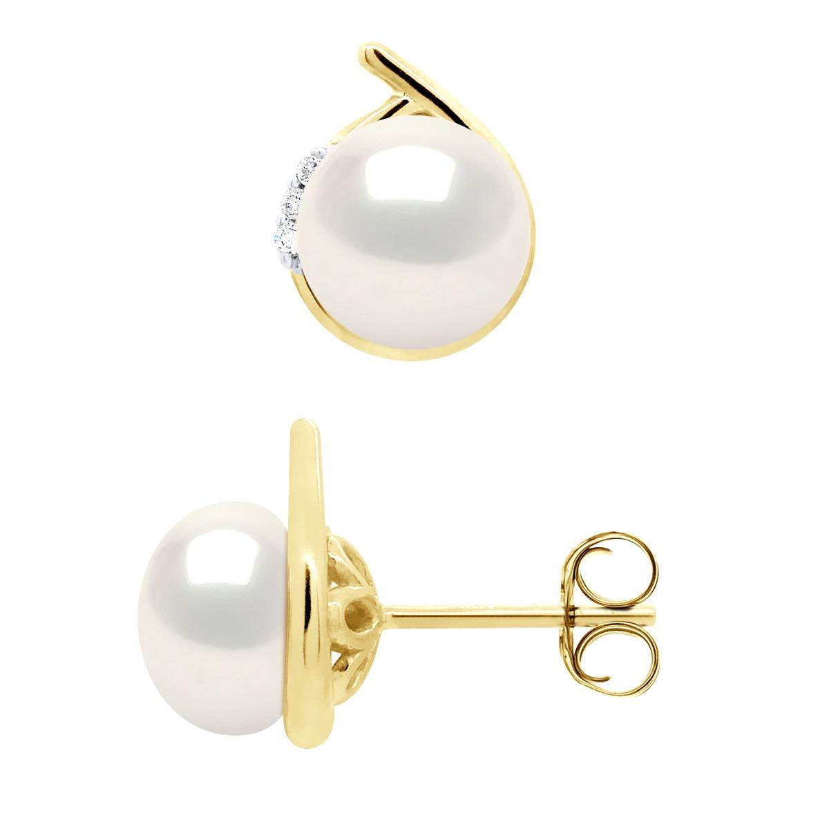 Ohrringe Umgebung Diamanten 0,03 ct Gelbgold – echte Süßwasser-Zuchtperlen Knopf 7–8 mm