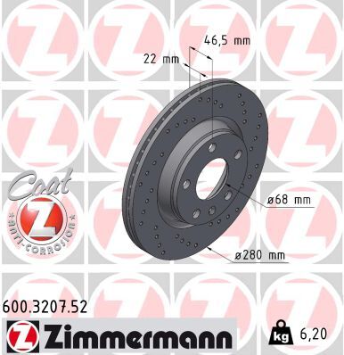 Zimmermann Bremsscheibe Sport Coat Z 600320752 Gelocht 280mm 22mm Für Vag