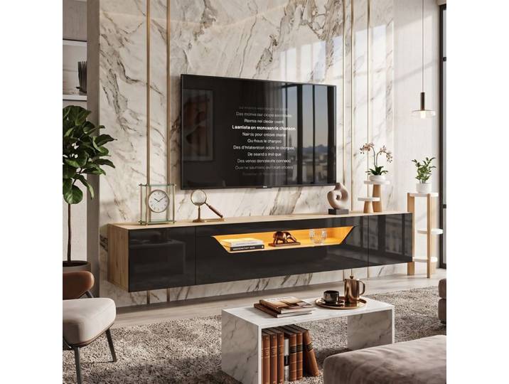 Meuble TV Suspendu 180cm Grand Rangement Design Soigné Laqué LED APP pour TV 75