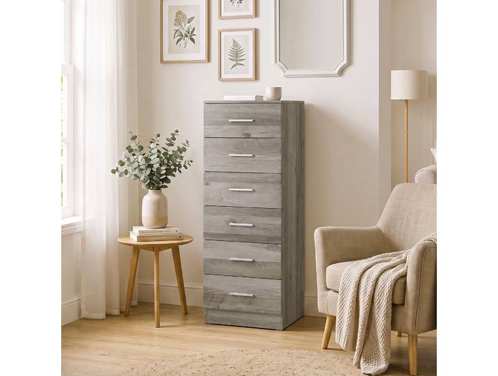 HOMCOM Commode Haute 6 Tiroirs 40x40x110cm Gris Clair Chambre