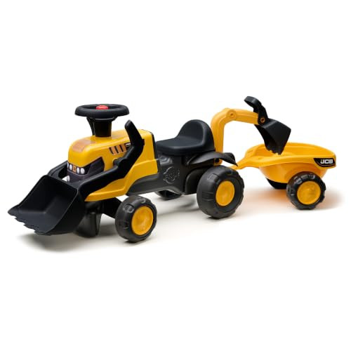 Falk JCB Tractor voor kinderen met stuurwiel, claxon en stille wielen, inclusief graafmachine en schep