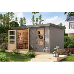 Gartenhaus KARIBU "Merkurino, in verschiedenen Farben", grau (wassergrau, graualuminium), ohne Fußboden, Blechdach, Massivholz, Gartenhäuser, Gartenhaus