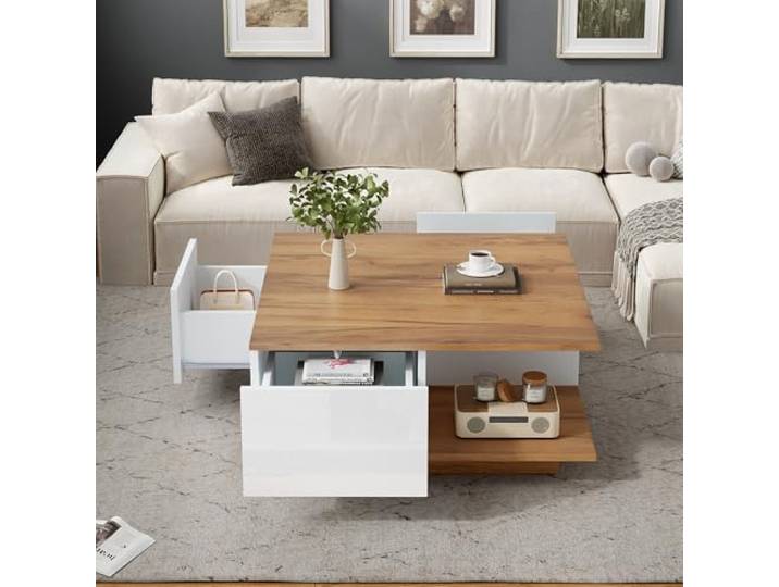 BTM 70x70x31.5cm Couchtisch mit 3 Schubladen,geometrischer Kaffeetish,hochglänzende Wohnzimmertisch, Sofatisch,Beistelltisch,geeignet für kleine Räum,Weiß + Originalholzfarbe