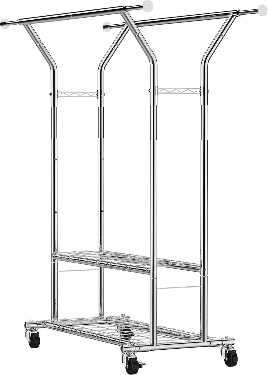 Rolbaar kledingrek met dubbele hangstangen en opslagplanken, koolstofstaal, 120 kg draagvermogen