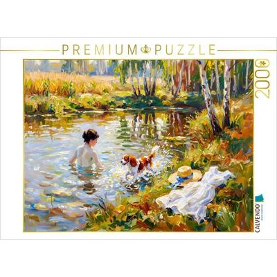 CALVENDO Puzzle Badende Dame mit King Charles Spaniel | 2000 Teile Lege-Größe 90x67cm Foto-Puzzle für glückliche Stunden