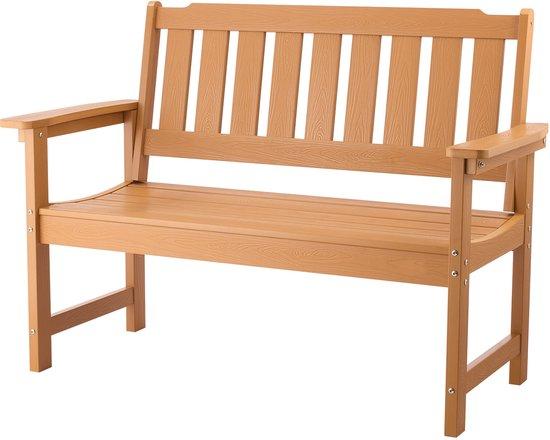 Außenbank, 128 cm, Tragfähigkeit bis 363 kg für 2-3 Personen, Dauerhaftes Kunststoffrahmen mit Rückenlehne und großen Armlehnen, Ideal für Terrassen, Gärten, Parks oder Einfamilienhäuser, Naturholz-Optik