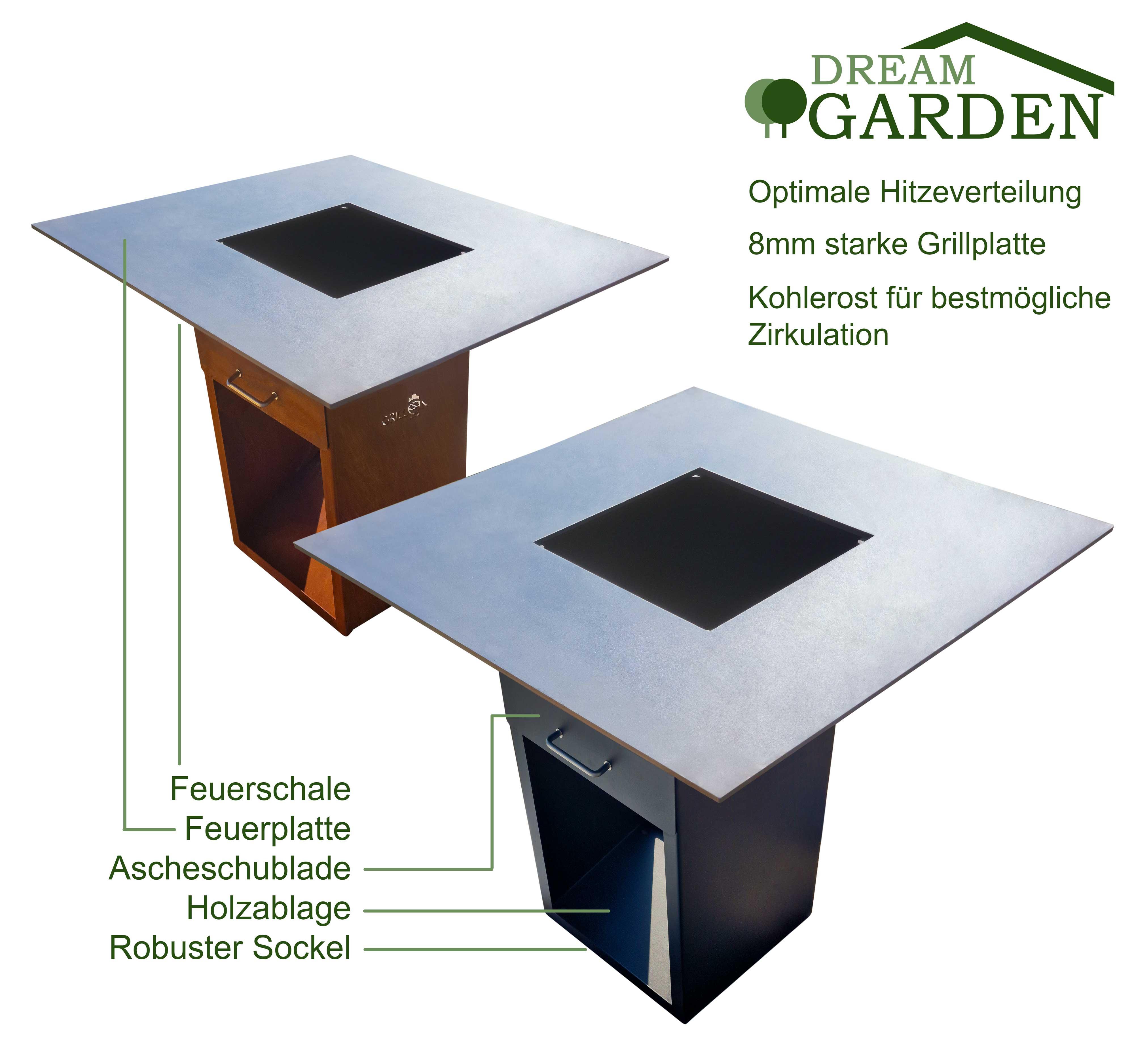 Dreamgarden Grill SQUARE Feuerplattengrill ohne Grillrost Feuerschale rostig