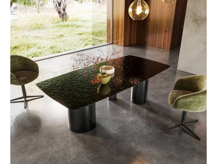 Esstisch Edge Boot 200x100 Reliefglas Rauchschwarz 3D-Design Troa Edelstahl Graphit, Esstische