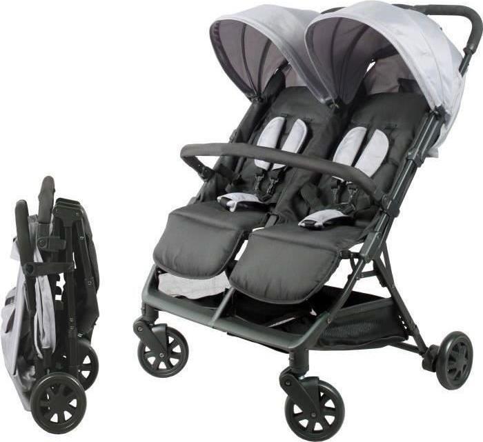 Doppelkinderwagen, Zwillingswagen, Bambisol DS209, Grau Schwarz, Ab Geburt, Ultra-Kompakt Faltbar, Bis 15 kg pro Sitz
