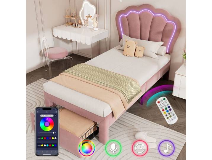 Dimensions 90x200 cm lit design solide et sécurisé avec tiroirs de rangement avec éclairage led