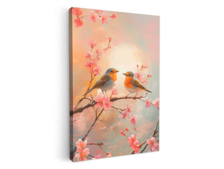 MuchoWow Leinwandbild Rotkehlchen - Zierpflanze - Blütenzweig 80x120 cm, Hellrosa, Rechteckig, 80x120 cm, gerahmt, Bilder & Rahmen, Bilder, Leinwandbilder