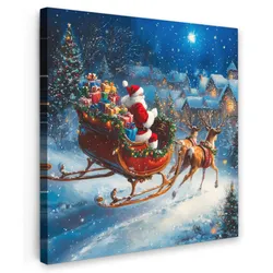 LEINWANDBILD Weihnachtsmann - Rentier - Weihnachten - Schnee Deko Groß 90x90 cm