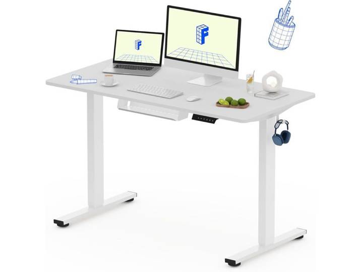 FlexiSpot Bureau Assis-Debout Électrique 120x60cm Bureau Réglable en Hauteur avec Étagère et Crochet Plateau d'une Pièce Blanc