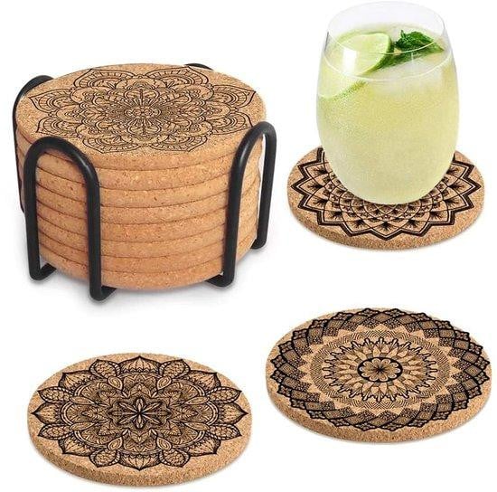 Ibenzoa 8-delige set herbruikbare kurken onderzetters, diameter: 10 cm, dikte: 0,5 cm