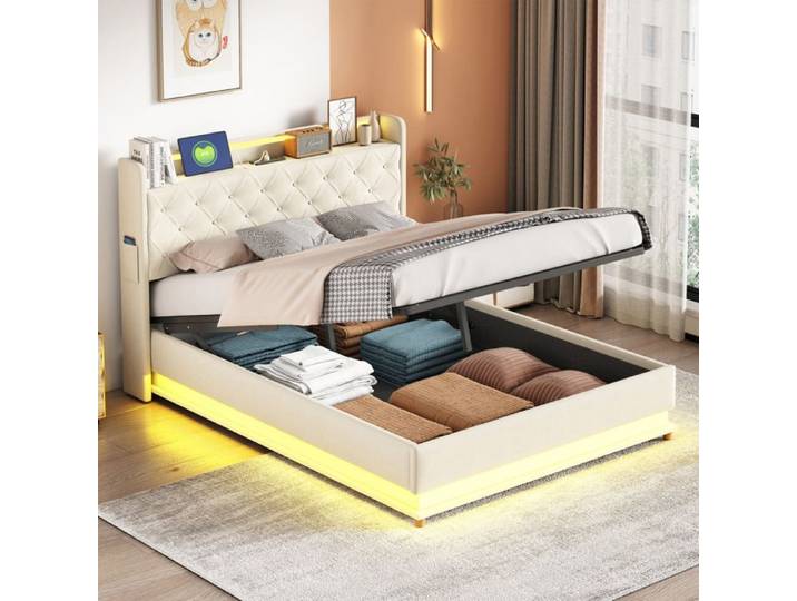 Lit 140x190 cm - NEXU - LED intégrée - Rangement coffre - 2 places - Beige
