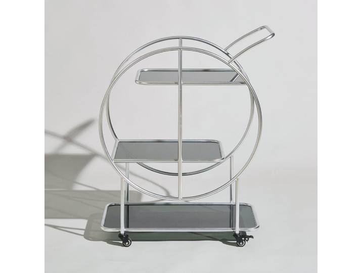 Silberner Stahl-Rollwagen mit Glasplatte