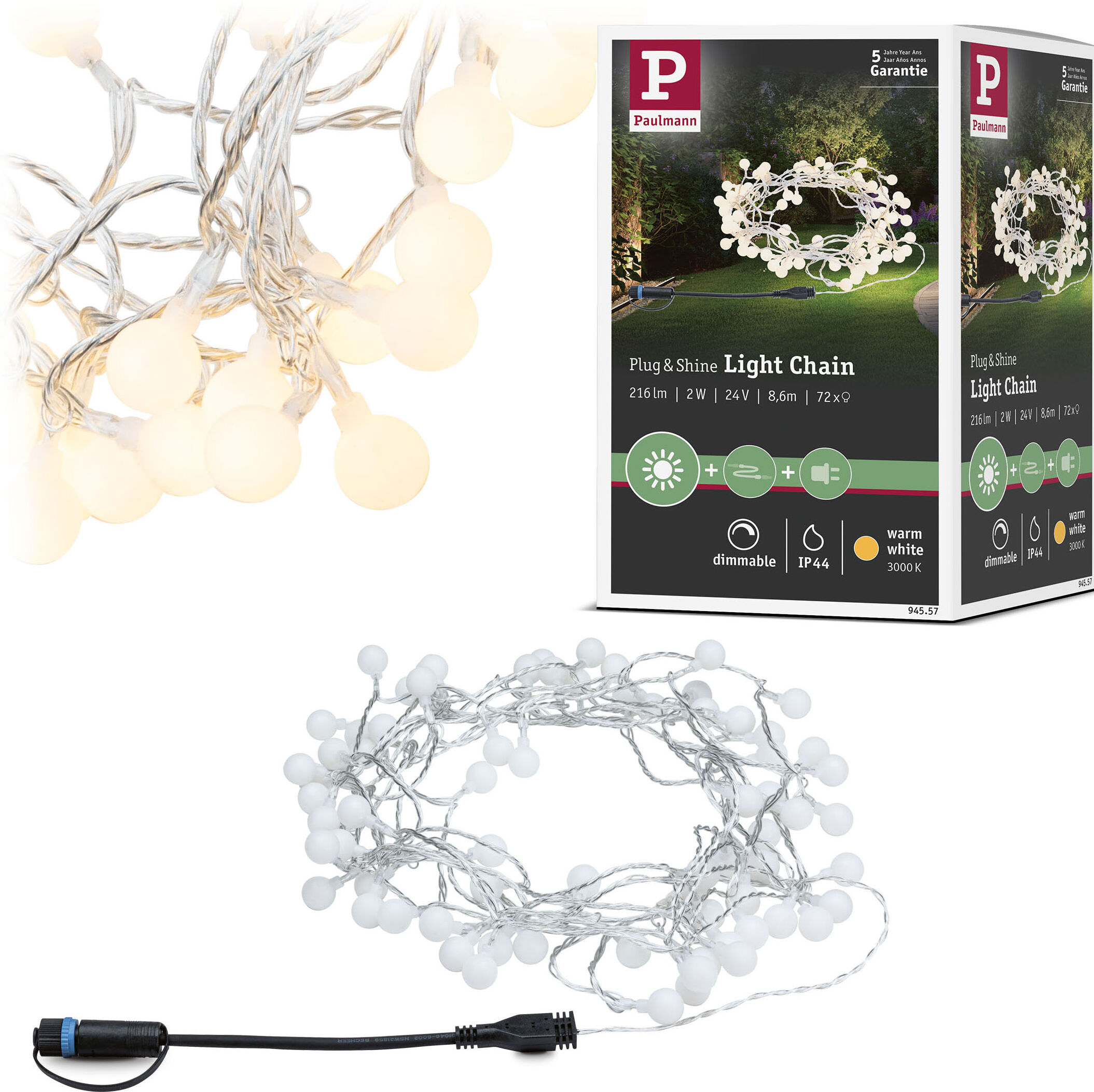PAULMANN LED-Lichterkette "Plug & Shine IP44 7,5m 24V 3.000K 72x2lm", schwarz, Flammen 1 Stk., Gesamtlänge 9m, Lichterketten, LED-Lichterkette