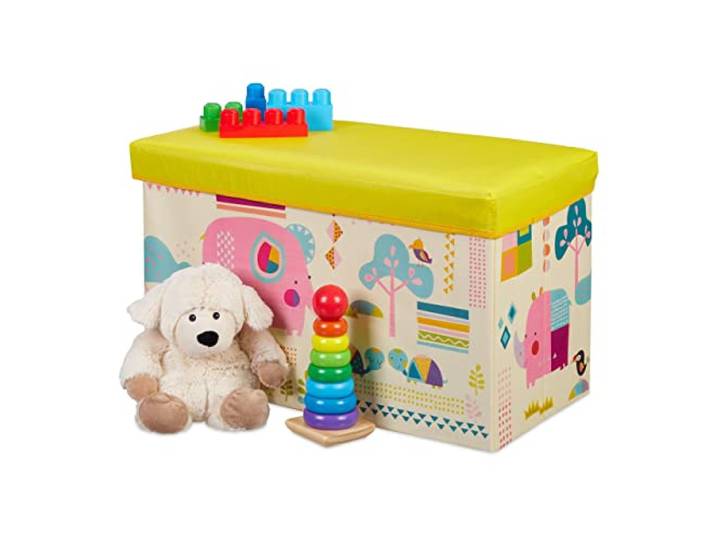 Relaxdays speelgoedkist, opvouwbare poef, 50 liter, geel