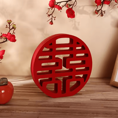 Inspire Curations Traditional Double Happiness Wood Decor Red Chinese Wedding Wall Ornament Xi Symbol b