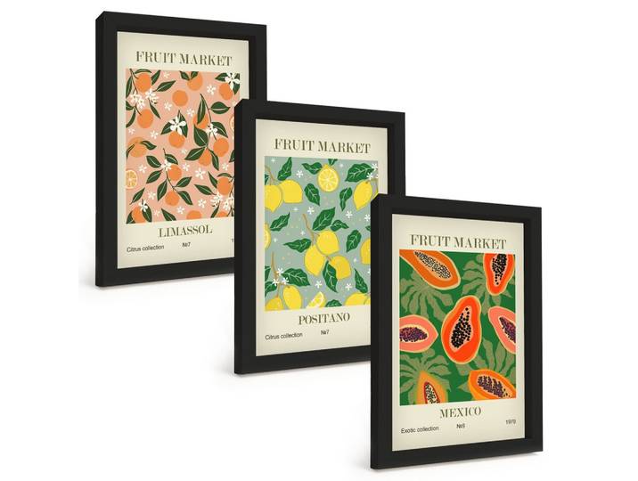 BILDER SET 3er Set - 20x30 cm Schwarzer Rahmen - Zitrusfrüchte, tropischer Retro-Stil